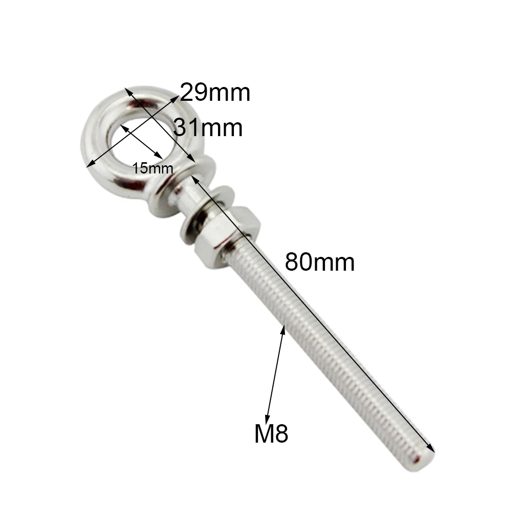 M8 x 80mm Stainless Steel Long Shank Eye Bolt with Washer and Nut