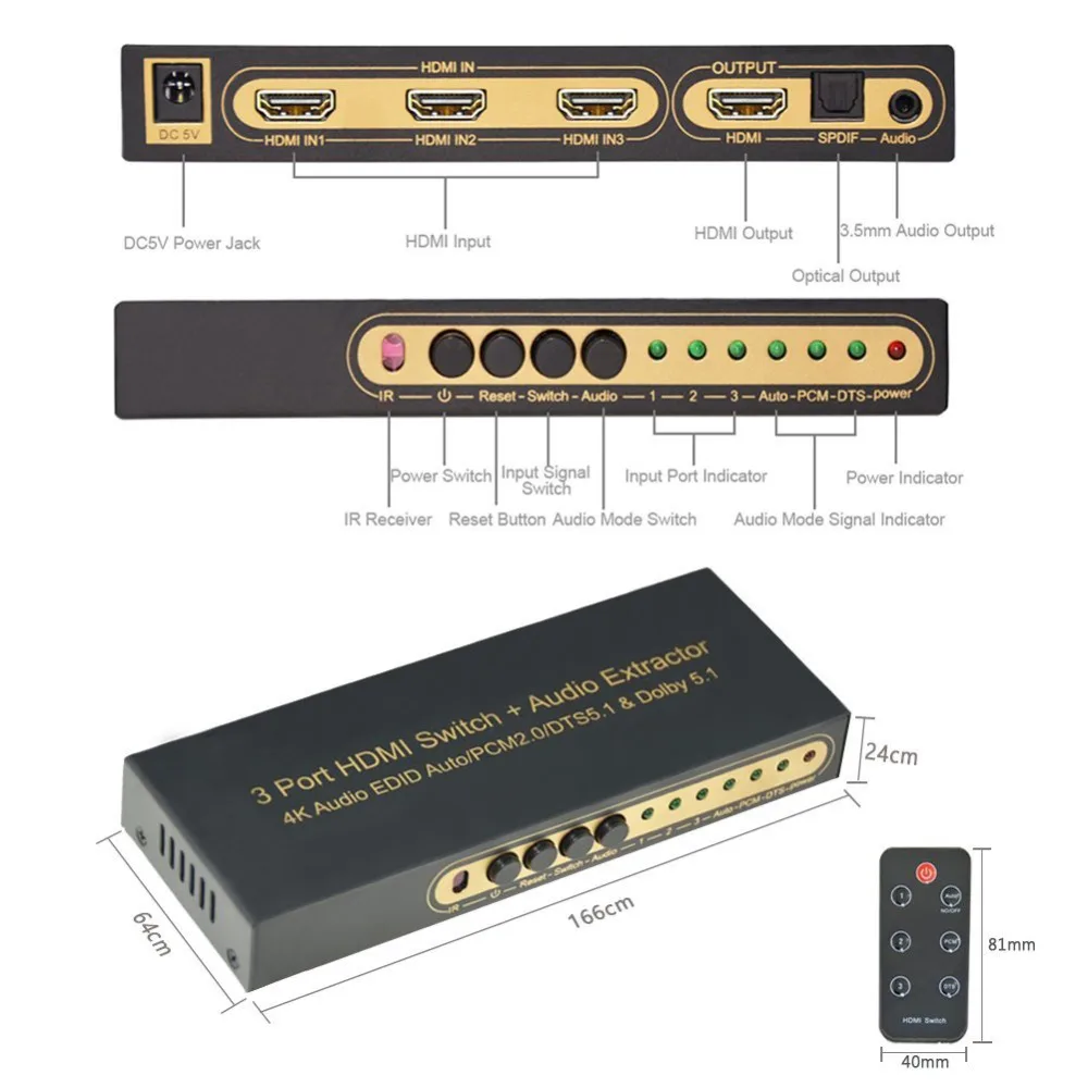 HDMI переключатель Aikexin 3x1 с аудио экстрактором 4K 3 портовый Переключатель ИК