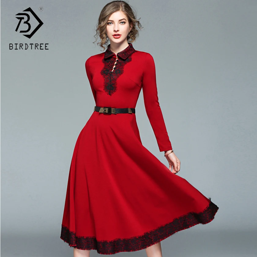 

2018 Winter New Arrival Women's Dresses Turn-down Collar Fashion Lace Sexy Elegance Full Sleeve Patchwork Slim Clothing D88212L