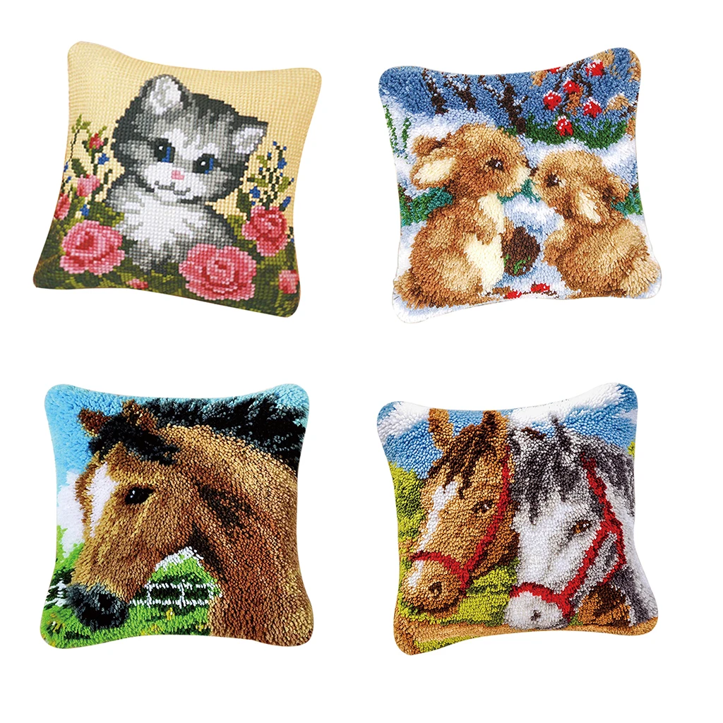  4 Sets Latch Hook Rug Making kits for Adults Embroidery Rabbit Cat Horse Pillowcase Cushion Cover 43 x 43cm