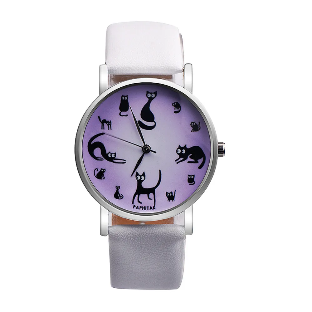 Small Fresh Classic Fashion Leather Women Quartz Wristwatch Simple Cute Cat Printing Dial Casual Ladies Watch Clock Reloj 533 - Цвет: J