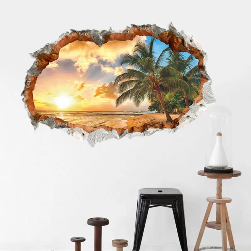 JX-LCLYL Removable Sunshine Beach 3D Window View Wall Art Sticker Vinyl Decal Mural Decor