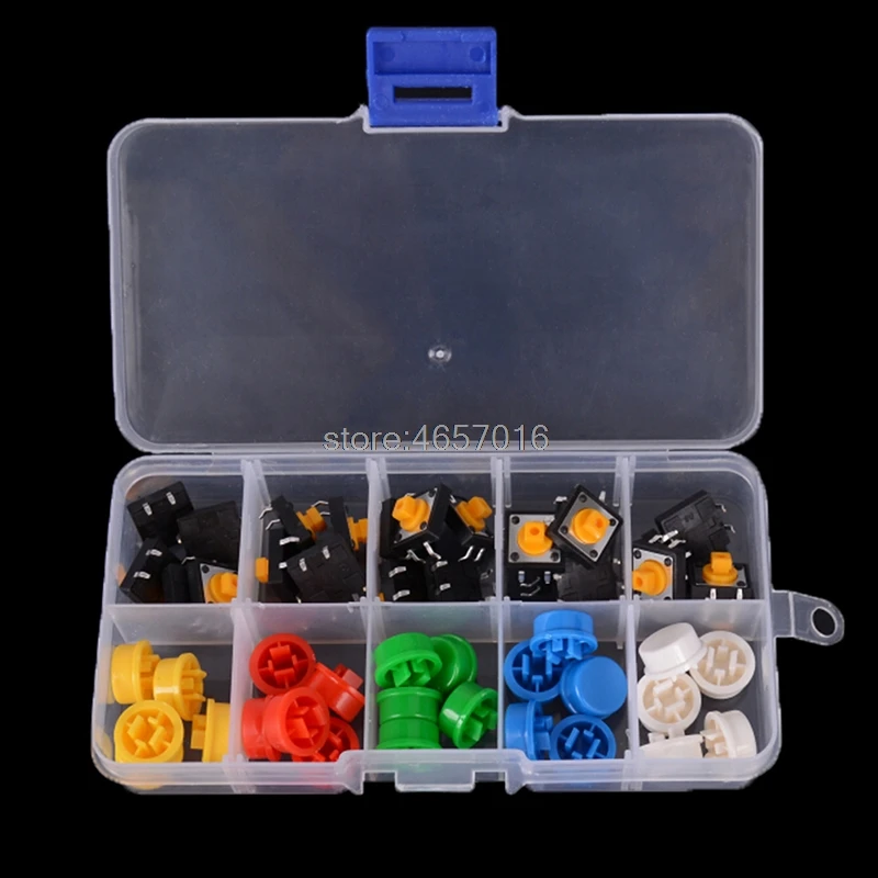 

25PCS Tactile Push Button Switch Momentary 12*12*7.3MM Micro switch button + 25PCS Tact Cap(5 colors) for Arduino