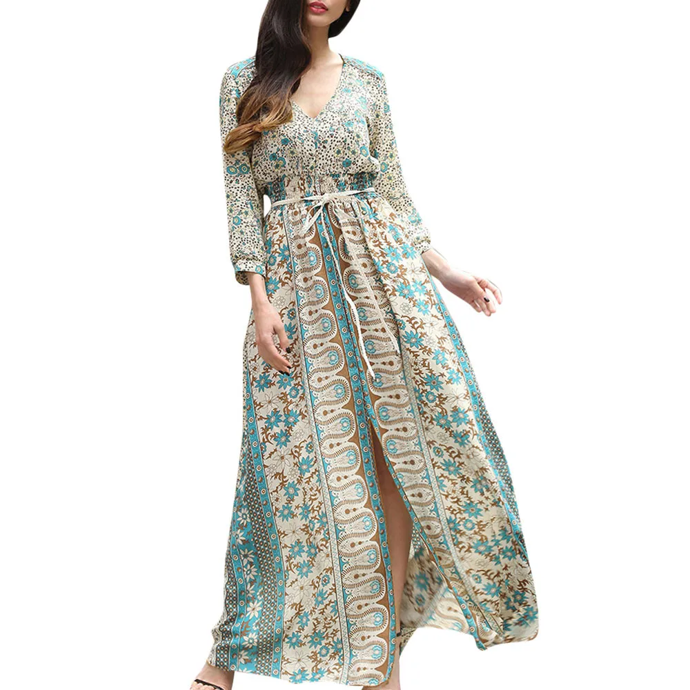 Womens Floral Printed Bohemia Long Sleeve Long Dress Loose Casual Maxi