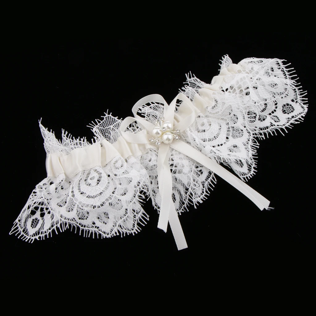prettyia Bridal Wedding Pearls Bow Knot Lace Garter Wedding Dress Accessories for Wedding Fancy Party 