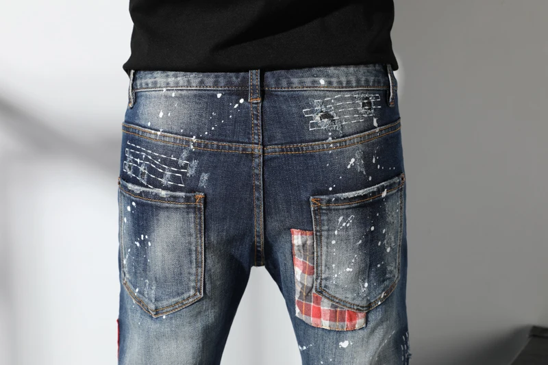 Italy Designed Man Painted Dot slim Jeans Men Emdroidery Patchwork Denim Pants Male Street Wear Quatliy Amazing Trousers