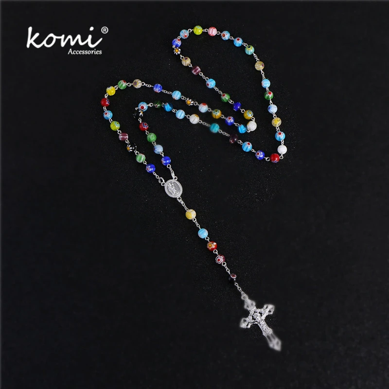 

KOMi New Fashion 8mm Colorful Glass Bead Cross Pendant Necklace Bracelet Set Religious Rosary Catholic Jewelry Gift R-132