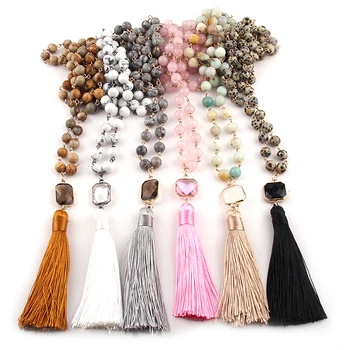 

Free Shipping Fashion Bohemian Tribal Jewelry Natural Semi Precious Stones with crystal Tassel charm Pendant Necklace
