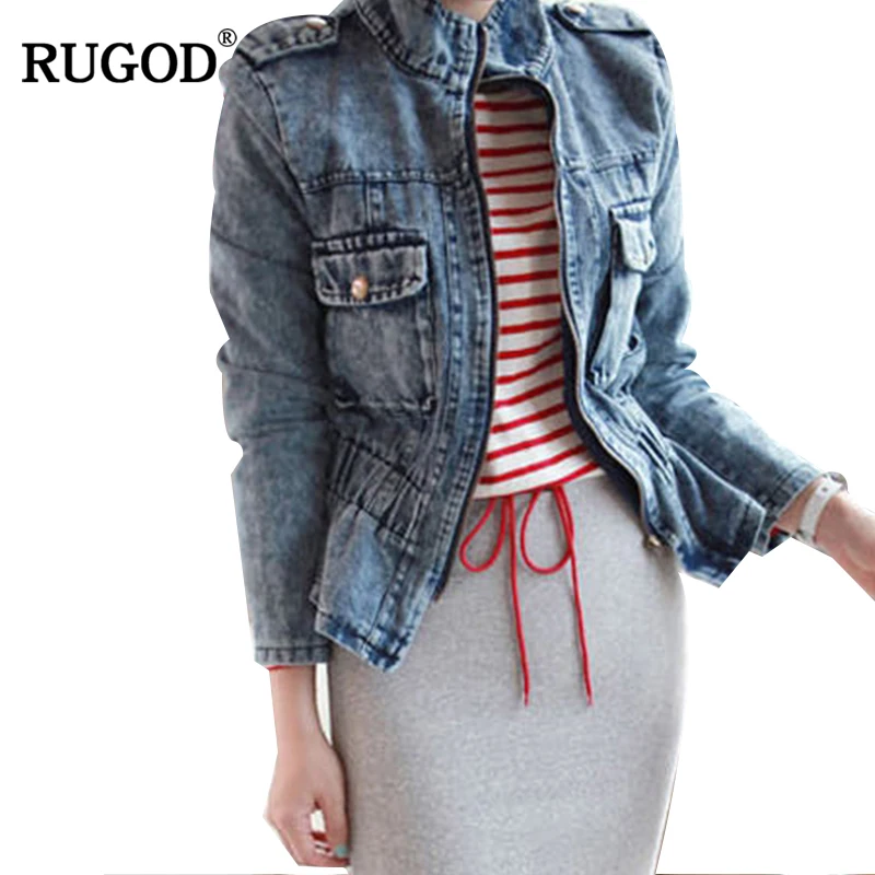 

RUGOD 2018 Korean Style Vintage Tunic Zipper Jean Jacket Women Casual Slim Long Sleeve Pockets Denim Jacket Basic Coat Plus Size