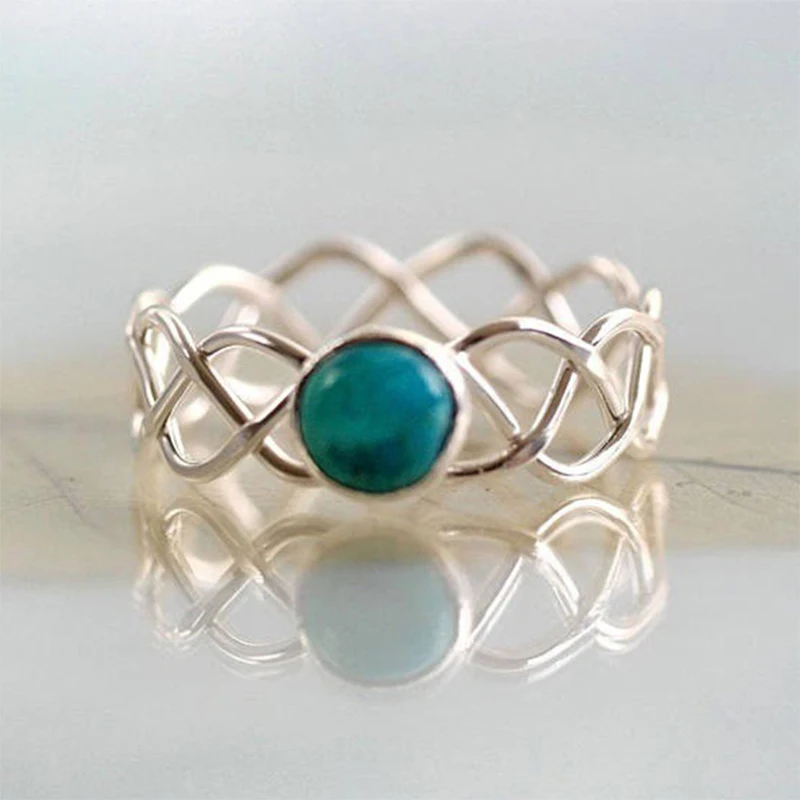 

New Hot Sale Vintage Green Stone Ring Simple Silver Color Cross Wave Ring Unique Natural Stone Rings For Women Bohemian Jewelry