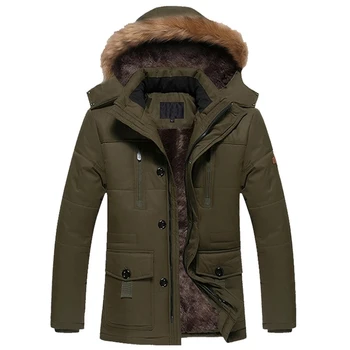 

Men Winter Jacket Hooded Fur Hat Pockets Zip Buttons Long Male Green Khaki Blue Thick Fleece Warm Clothes Man Trench Coat