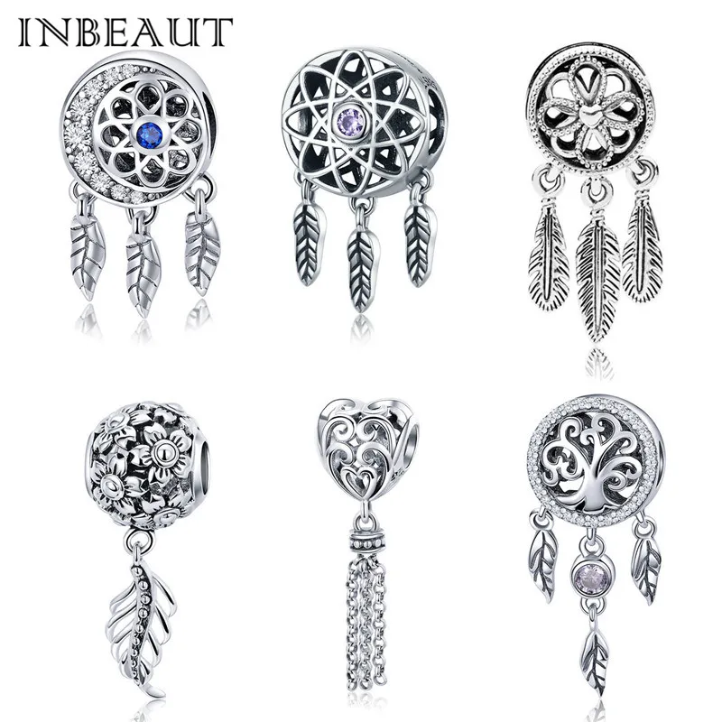 

100% Authentic S925 Dream Net Lucky Feather Charm fit Pandora Bracelet 925 Sterling Silver Vintage Flower Heart Pendant Beads