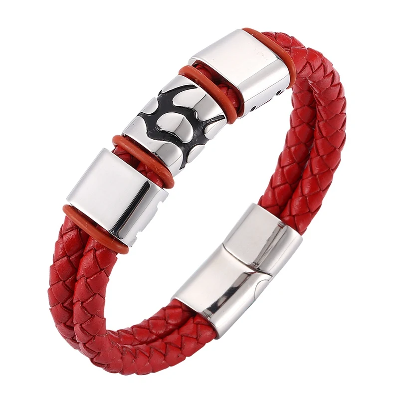 

Casual Men's Accessories Red Braided Leather Bracelet Men Jewelry Trendy Stainless Steel Punk Wristband Magnetic Clasps SP0102