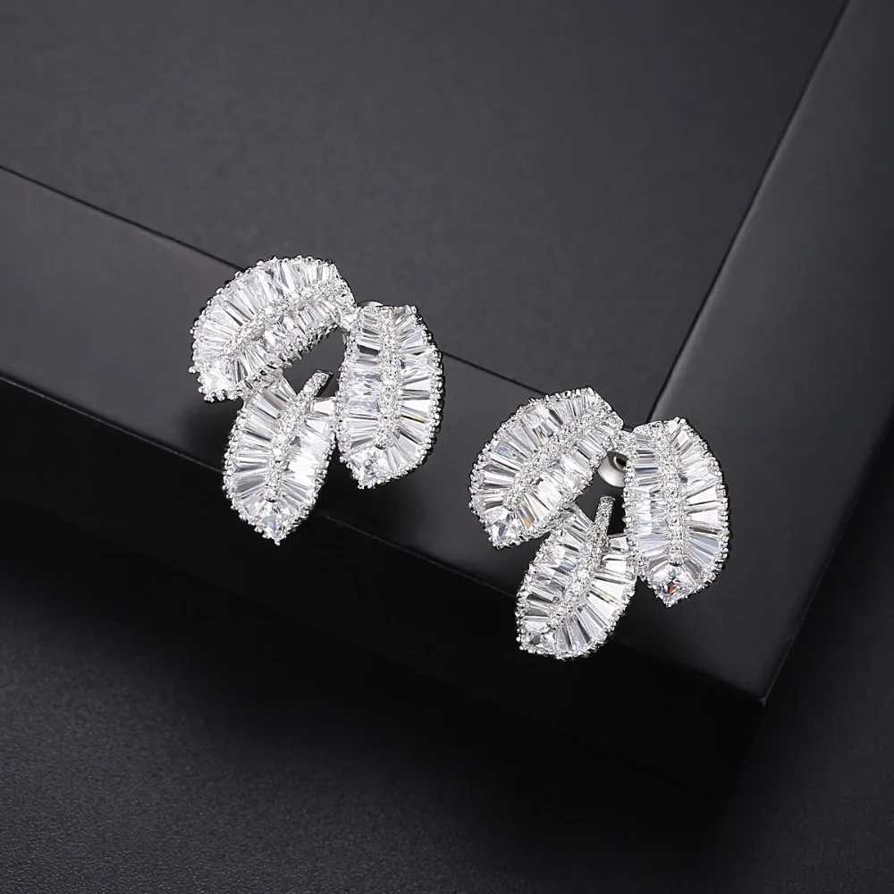 LUOTEEMI New Elegant Leaf Shaped Luxury Clear Cubic Zirconia Statement Big Stud Earring For Women Wedding Party Jewelry Earrings|stud earrings|stud