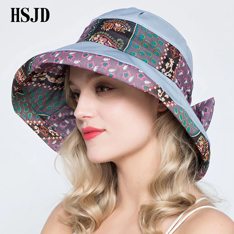 Богемная Женская тканевая Солнцезащитная шляпа с защитой от ультрафиолетовых лучей, пляжная шляпа с широкими полями, лето, новая мода, складные солнцезащитные шляпы с бантом для женщин, Панама