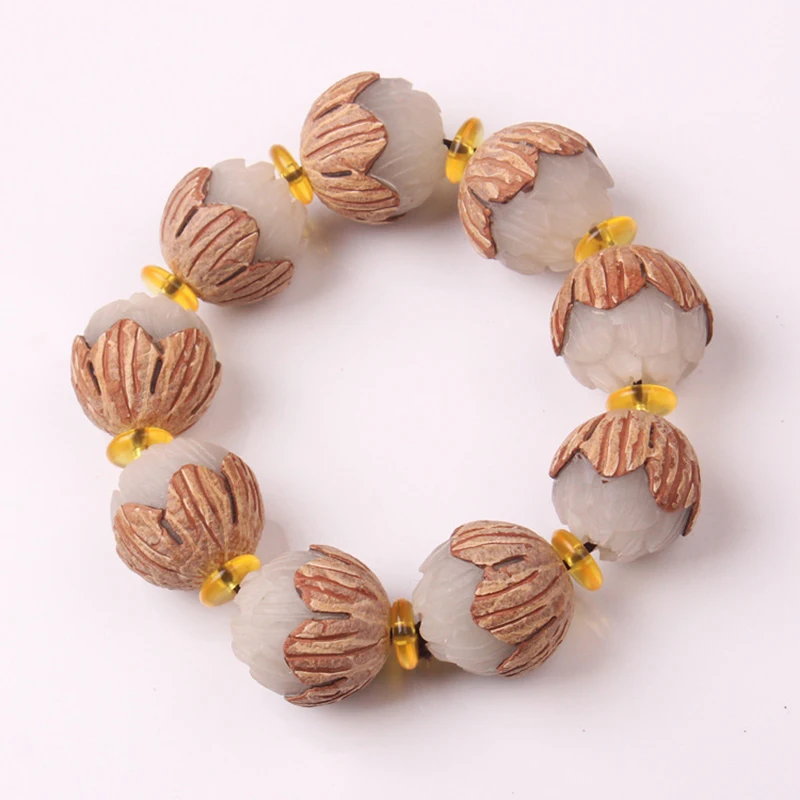 

Wholesale White Natural Bodhi Carved Lotus Flower Bracelets For Women Men Tibetan Buddhism Wooden Handmade Bracelet Jewelry