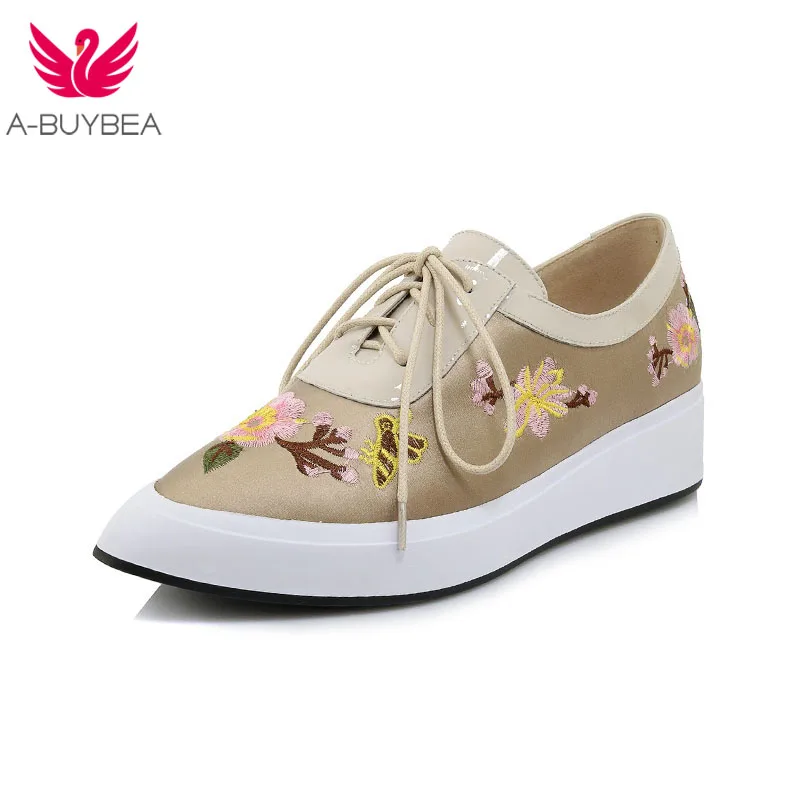 

2019 New Embroider Lace-up Women Pumps Pointed Toe Increased Internal Spring Shoes Woman Elegant Ladies Casual/Daliy Shoes