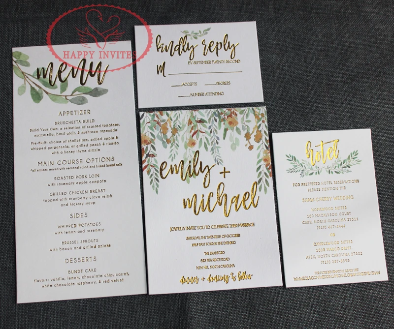 HI1150-02 Simple White Wedding Invitation Card Wedding Menu with Gold Letterpress and Colorful Printing