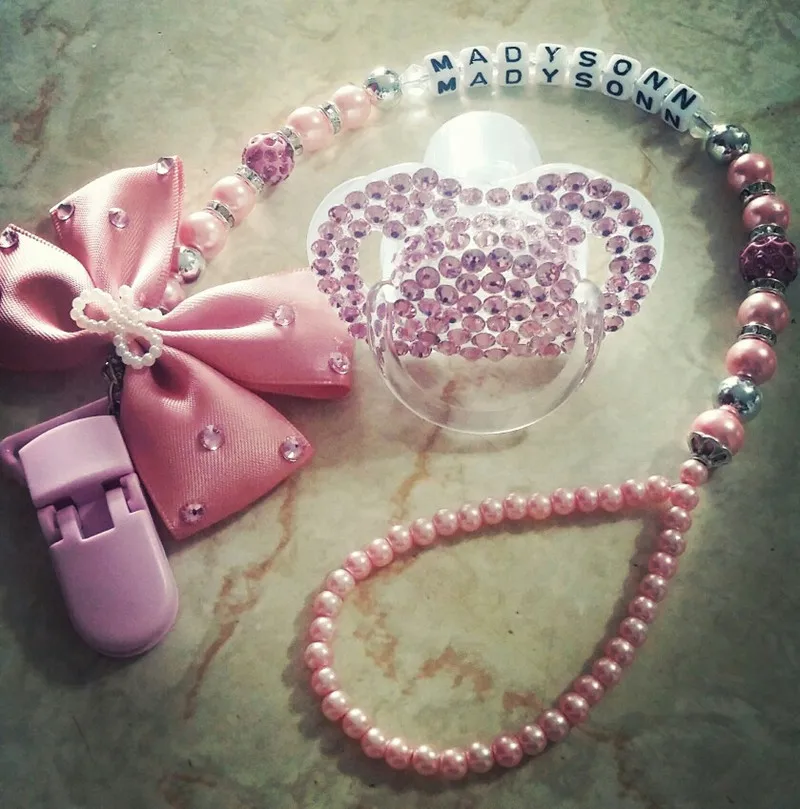 Personalised-any name set stunning pink bling pacifier clip holder dummy clip with bling pacifier for lovely baby