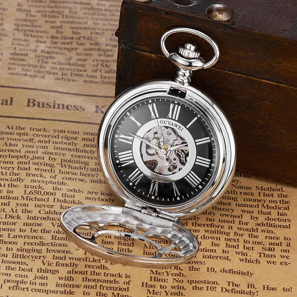 Ouyawei, винтажные Механические карманные часы, Серебряный чехол со скелетом, мужские наручные часы, ожерелье, карманные и брелоки, часы с цепочкой
