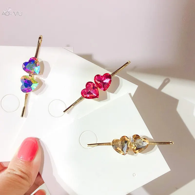 

AOMU 1PCS Korea Crystal Rhinestones Pink Heart-shaped Hair Clips Metal Gold Color Hairgrip For Women Girls Barrettes Hair Access