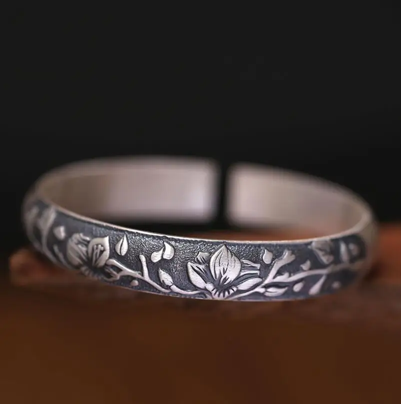 

Pure Silver S990 Handmade Silver Embossed Flower Retro Opening Ladies Bangle (SYF)