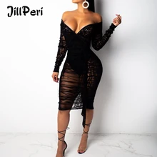 JillPeri, женское сексуальное платье миди с открытыми плечами, многополосное, длинный рукав, высокая талия, черная сетка, повседневный наряд, вечерние размера плюс, платье
