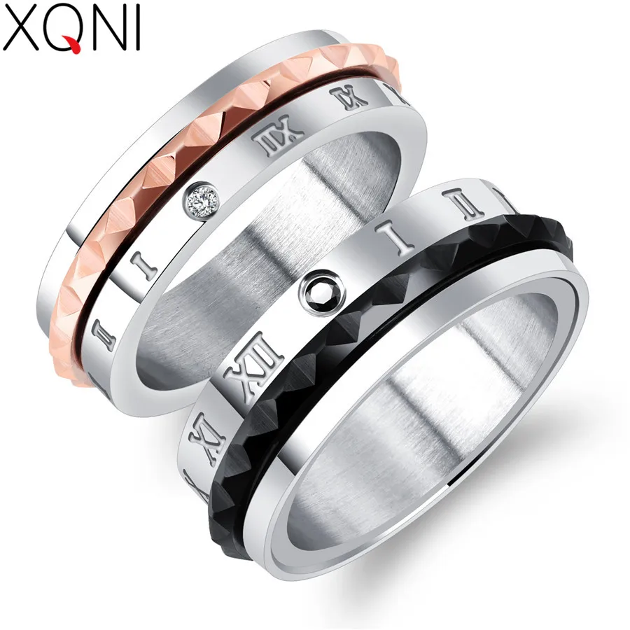

XQNI Lovers Wedding Rings Rotatable Spinner Design Roman Numerals Black/ Rose Gold Color Engagement CZ Bands Valentine's Day