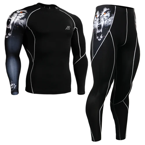 Мужские костюмы Спорт бег носит Бег базовый слой комплекты одежды рубашки с длинным рукавом+ полная длина Колготки размеры S-4XL - Цвет: Серый