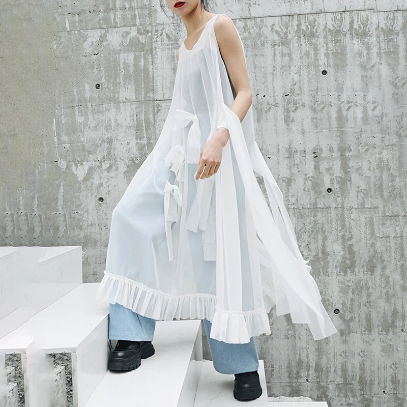 

[EAM] 2019 New Spring Summer Round Neck Sleeveless Mesh Ruffles Bow Split Joint Temperament Dress Women Fashion Tide JW807