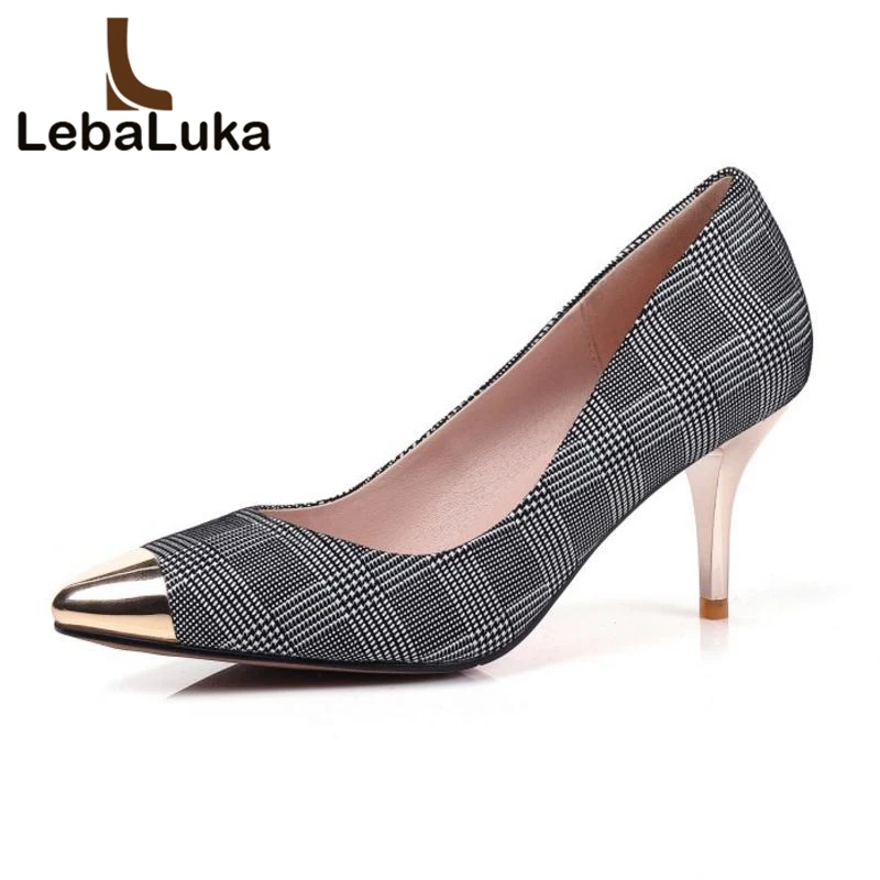 

Tuyoki Size 31-45 Vintage Women Real Genuine Leather High Heel Shoes Women Plaid Pointed Toe Gold Heel Pumps Daily Shoe Women