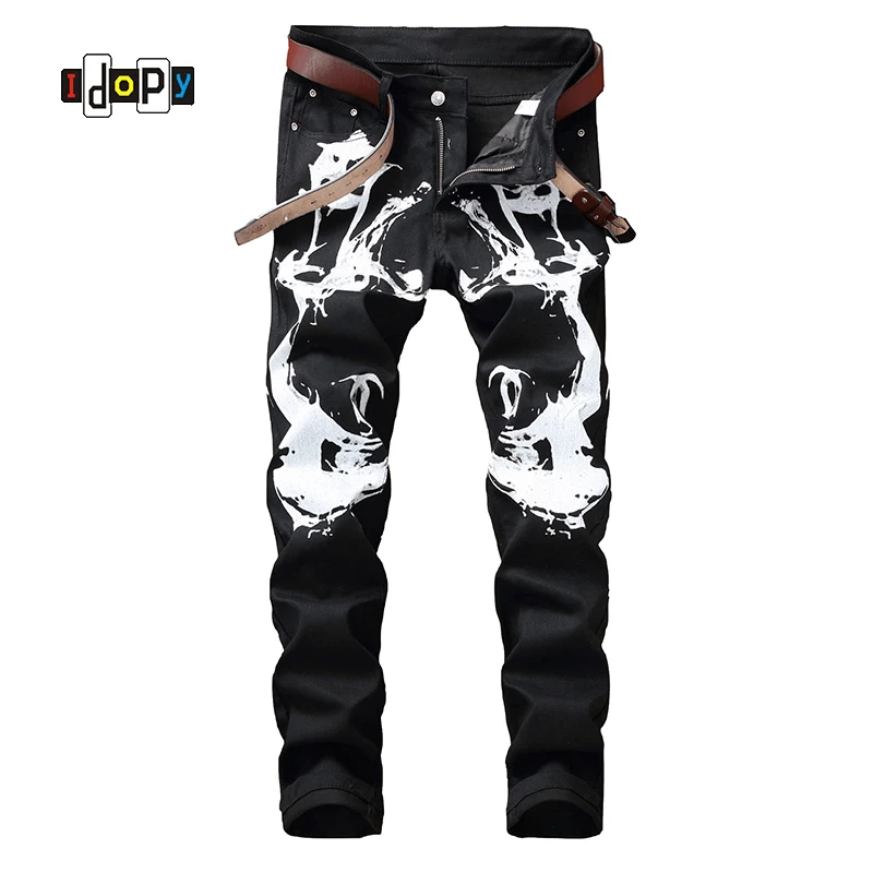 

Cool Men`s Hip Hop Printed Jeans Black Painted Slim Fit Elastic Denim Trousers Pants For Male Wholesale