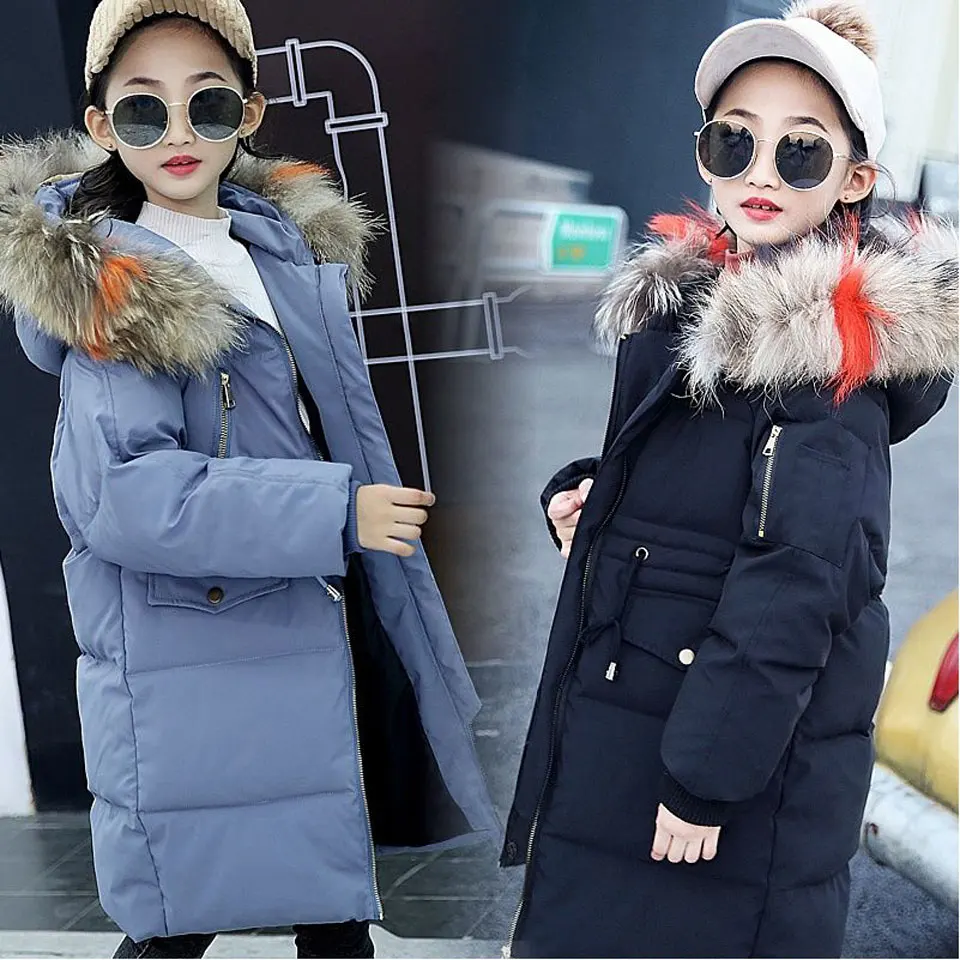 

Fashion 2018 Winter Girl's Down Jackets Children Long Model down Coats Girl Zipper Hooded Fur coats Warm girl's down Jackets