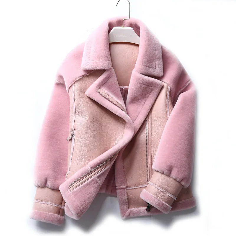 WANGZONGSHUN Women's Shearling Coat Pink Fashion Sheepskin Women's
