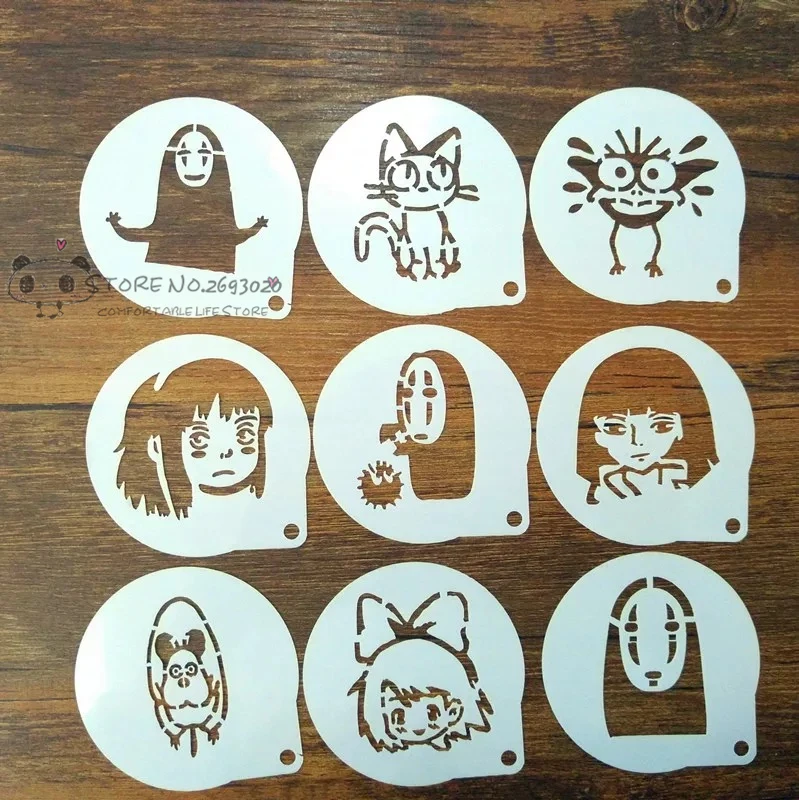 

9Pcs Spirited Away Series Mold Fancy Coffee Printing Model Mould Cafe Foam Spray Template Barista Stencils Decoration Tools D28