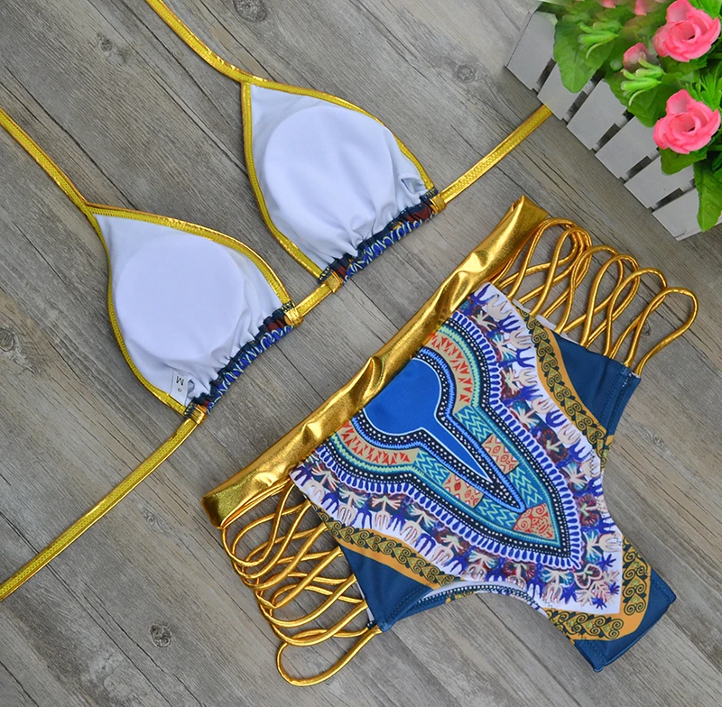 Новинка, комплект бикини из двух предметов с принтом в африканском стиле, сексуальный купальник с геометрическим рисунком, золотой купальник с высокой талией