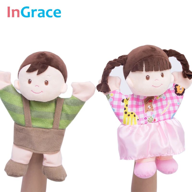 InGrace marque mignon garçon et fille couple marionnettes à main pour tout-petit début d'apprentissage jouet de marionnette en peluche de haute qualité 30 CM rose