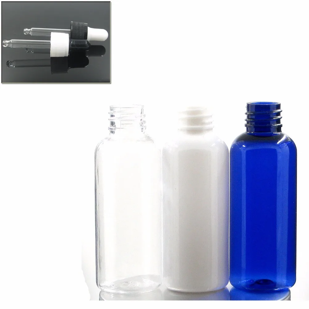 

50ml empty white/blue/transparent pet bottle with white/black dropper cap, dropper bottle