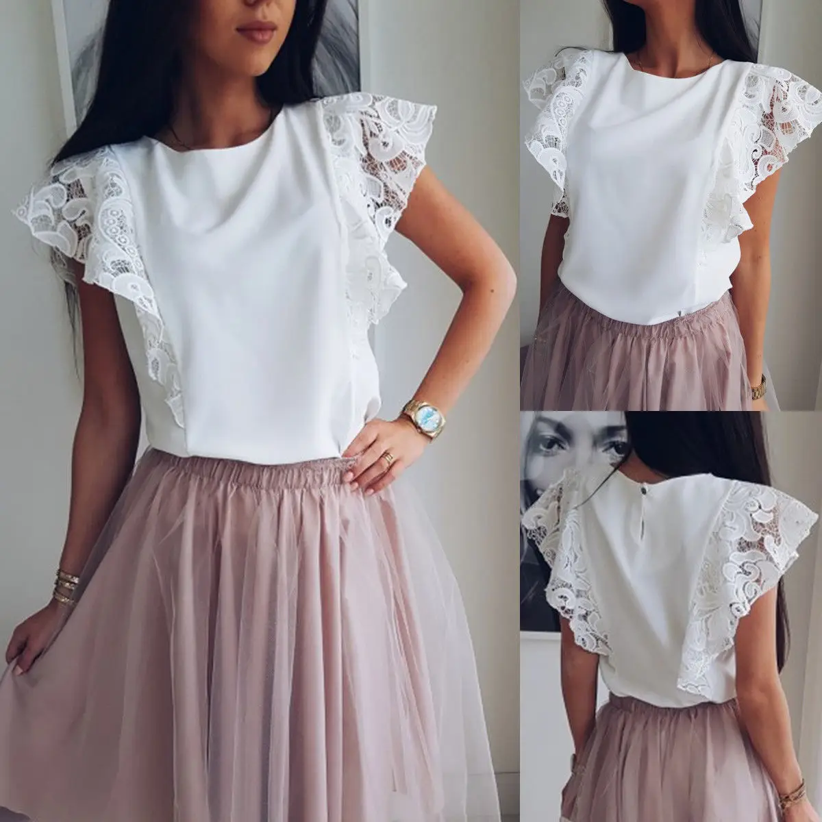 

New Summer Women Tops Chiffon Lace Casual Shirt Ladies Sleeveless O-neck Loose Blouse White Tops