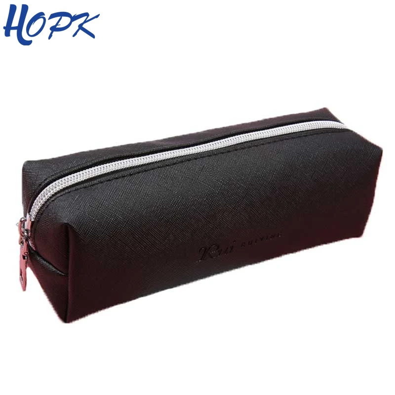 Black PU Leather Pencil font b Case b font Cute Big Capacity Zipper Pencil Box For