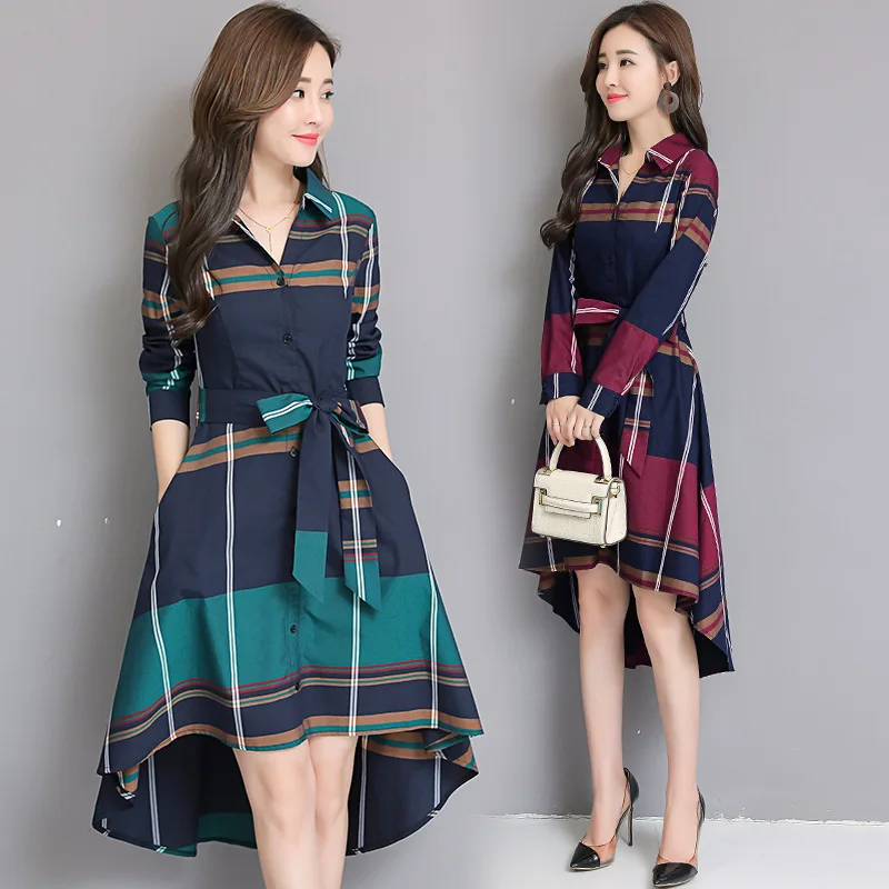Office Ladies Fashion Dress 2019 Spring Summer Plus Size Women Vestidos De Verano Costume Green BigDress Plaid | Женская одежда
