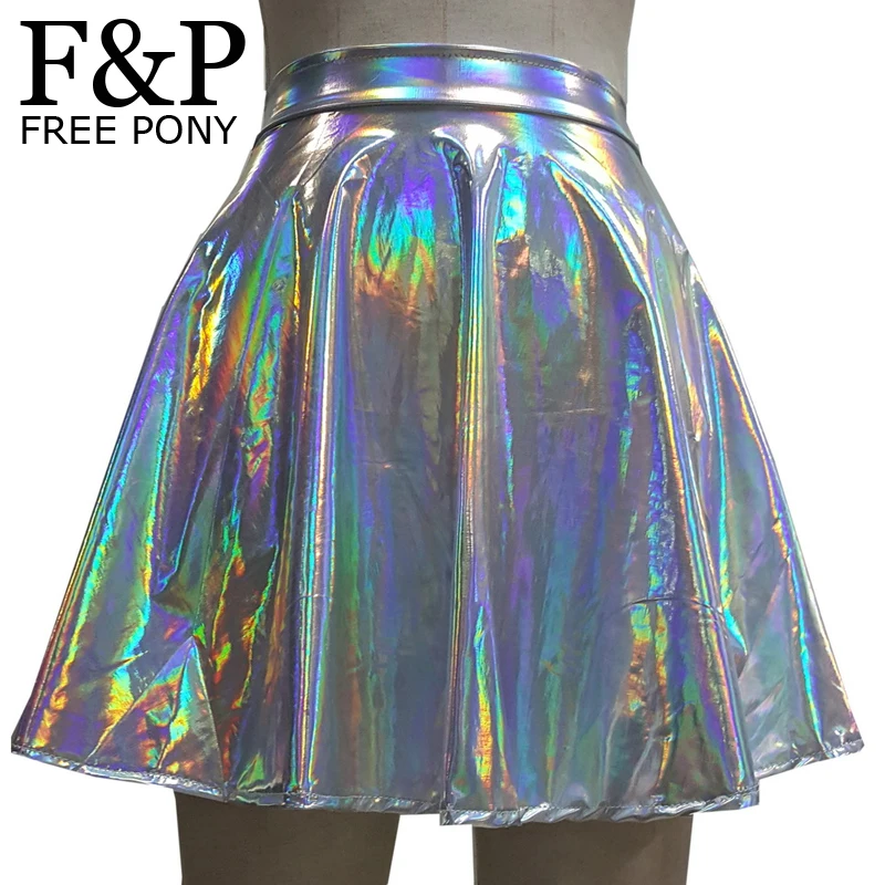 

Unicorn Costumes Silver Holographic Women Skirt Festival Clothes Outfits Hologram Foil Fabric Skater Skirt Circle Cute Skirt