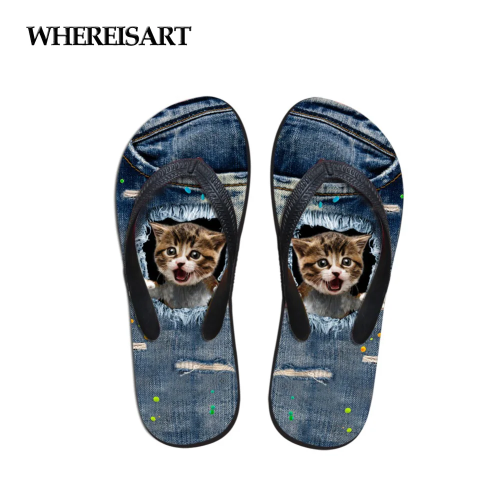 

WHEREISART 2018 New Design Denim Animal Cute Cat Women Non-slip House Slippers 3D Pringting Summer Beach Flip Flips for ladies