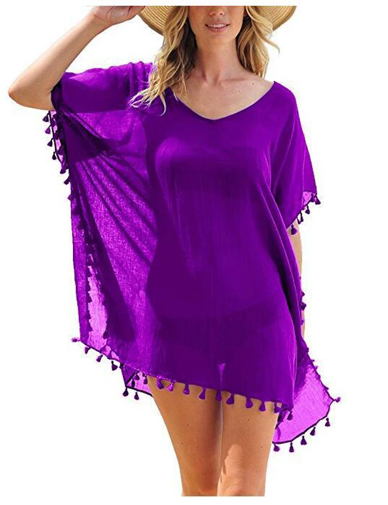 New Women Beachwear Swimwear Tassel Bikini Cover Up Summer Kaftan Beach Dress Bathing Suits Summer Mini Dress Loose Solid Pareo