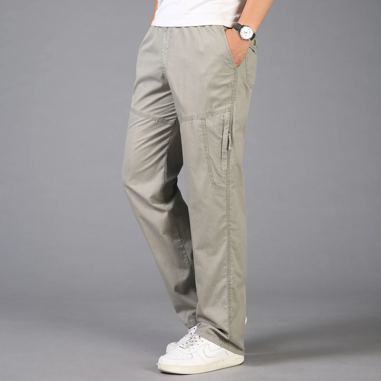 Мужские брюки карго, мужские повседневные брюки с карманами, большие размеры 5XL, дышащие брюки для мужчин больших и высоких, летние прямые длинные брюки Homme - Цвет: Серый