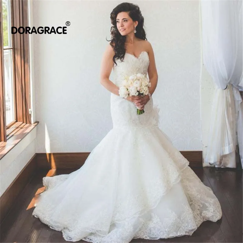 

Doragrace vestido de noiva Custom Made Sweetheart Sleeveless Mermaid Wedding Gowns Applique Lace Wedding Dresses