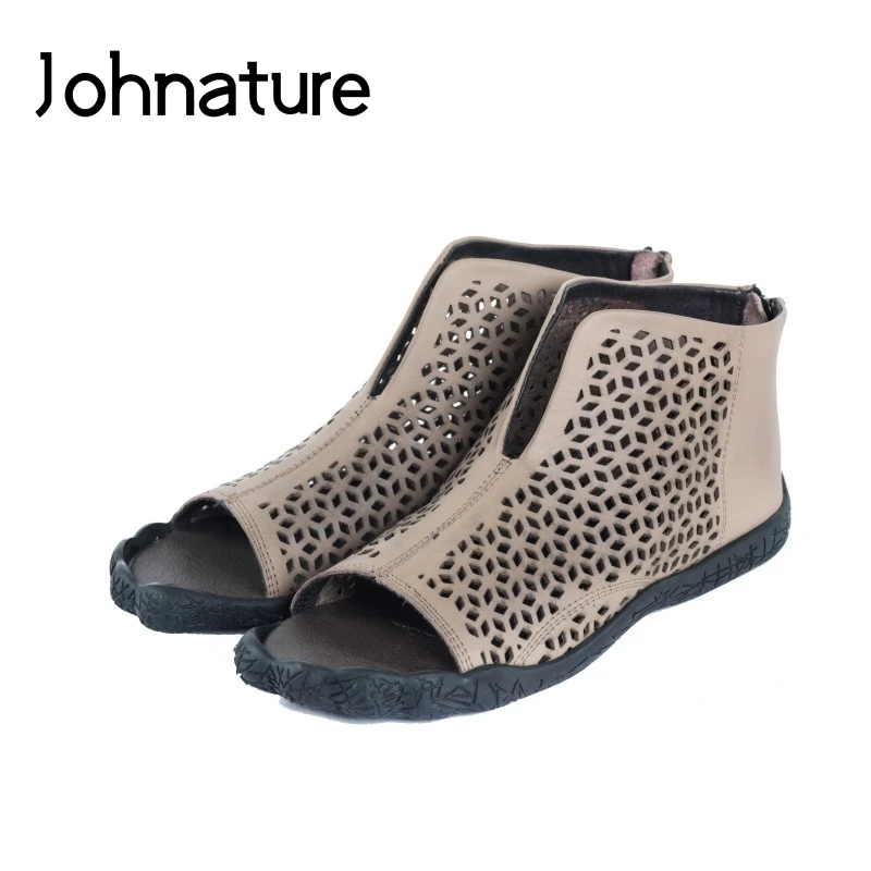 

Johnature 2019 New Summer Genuine Leather Casual Retro Sewing Cover Heel Zipper Round Toe Flat With Sandals Women Shoes