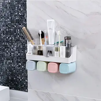 

Bathroom Set Accessories Toothbrush Holder Automatic Toothpaste Dispenser Suction Cup Wall Mount Bathroom Organizer Shelf