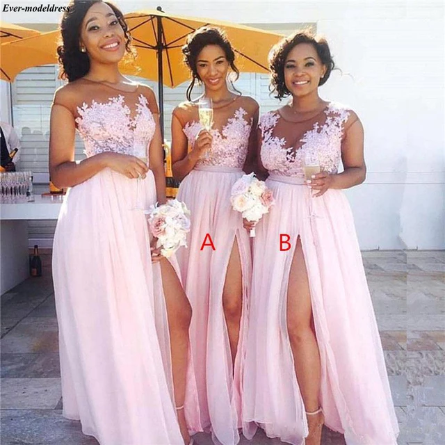 Special Price Pink Beach Bridesmaid Dresses Long 2019 Sexy A-Line Side Split Sheer O-Neck Appliques Gorgeous Wedding Guest Party Dreses Cheap