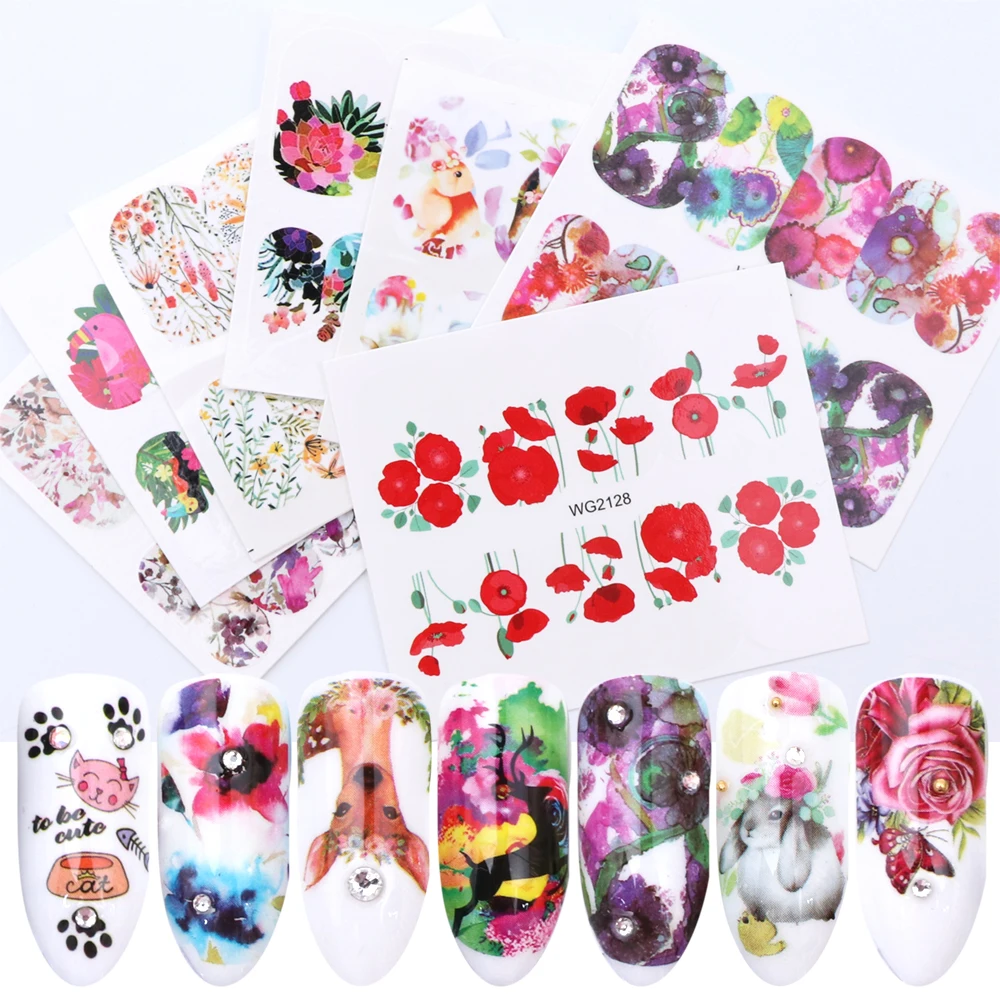 

20pcs Water Sticker Nail Decals Butterfly Flowers Jungle Animals Flamingo Sliders Flora Nail Wraps Decorations Manicure BEWG20